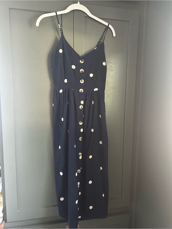 Japna Dresses & Skirts - Cotton Linen blend Navy Polka Dot Button-Front Midi Dress